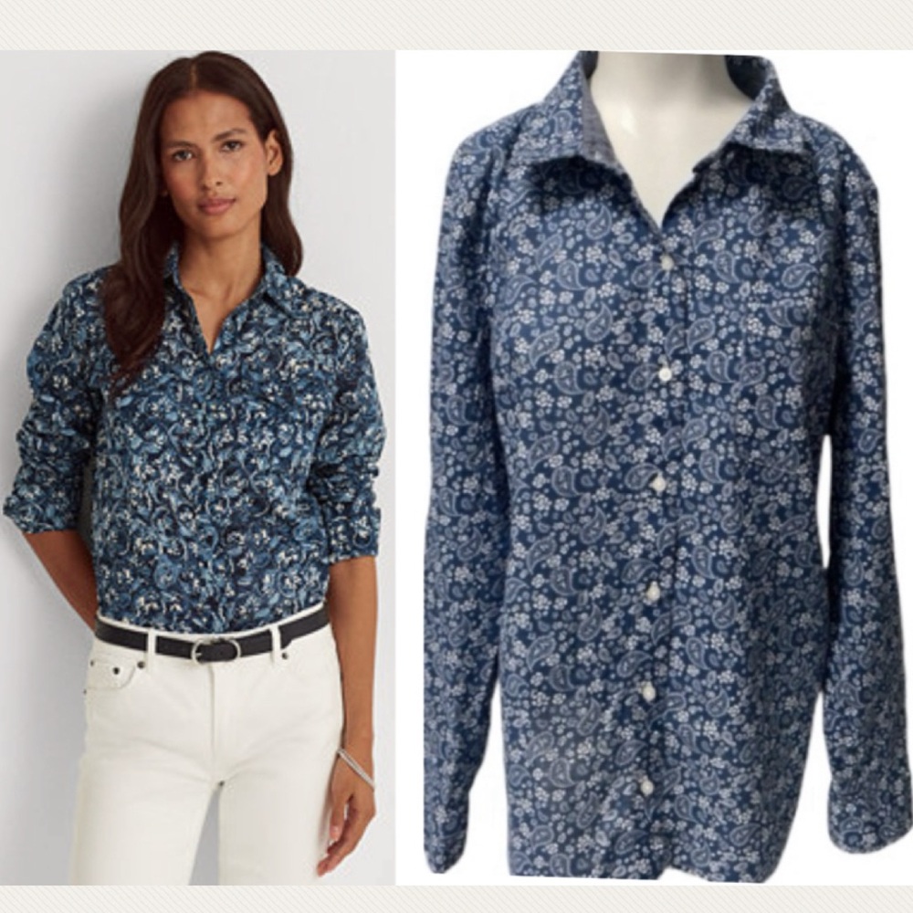 Vintage Floral Blouse Tommy Hilfiger Chambray Blue Cotton Minimalist Size XL - Picture 1 of 17